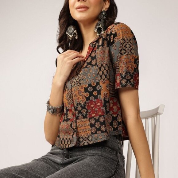 Black & Multi-Coloured Ethnic Print Crop Shirt Top, Cuban Collar, Short Sleeves - Picture 2 of 7